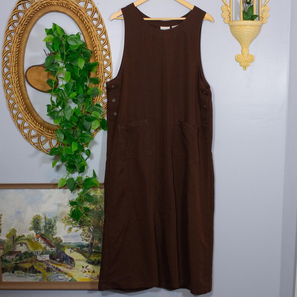VTG Brown Side Button Jumper Maxi Dress Rayon White Stag L | Dark Autumn